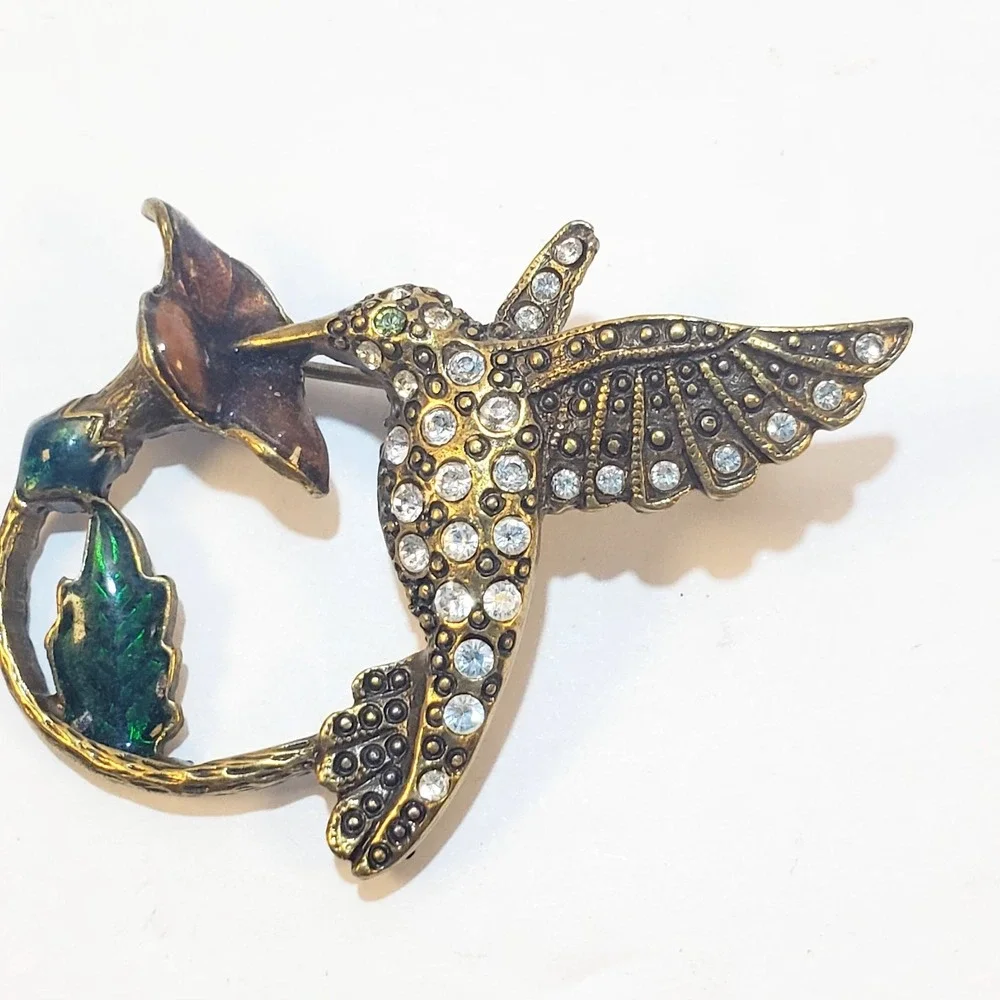 Vintage Brass Tone Metal Enamel Clear Rhinestones Hummingbird Flower Brooch Pin